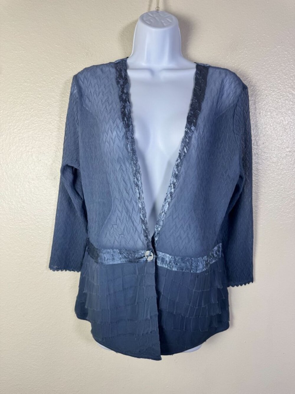 Komarov Blue Sheer Textured Open Front Cardigan size XL Artsy Elegant Crinkle